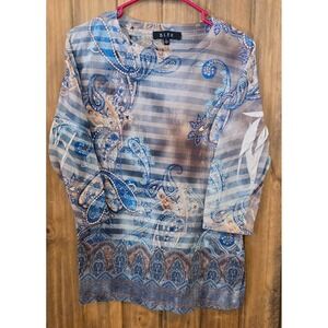 B.L.E.U. Blouse Top Womens L Blue Paisley Striped Rhinestone 3/4 Sleeve USA Made